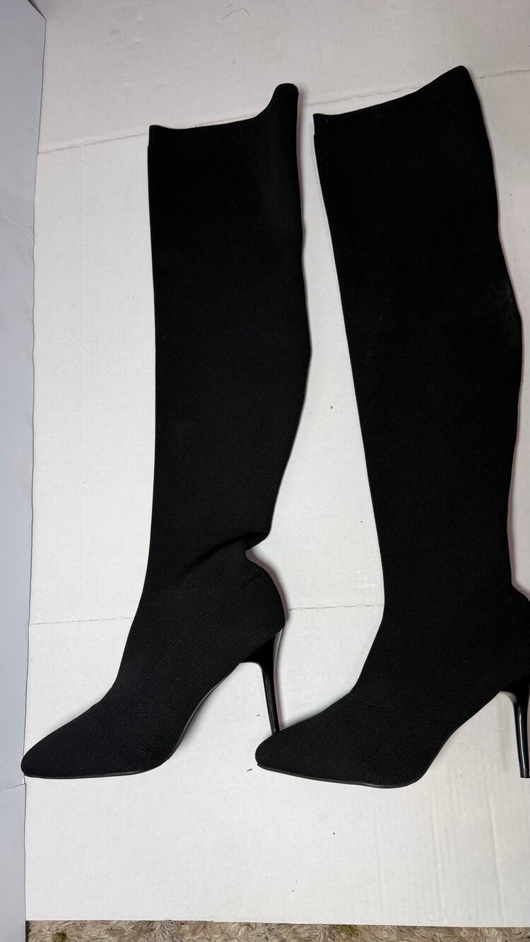 Womens EU 43 Black Knit Over Knee Sock Boots Pointed Toe Stiletto Stretch